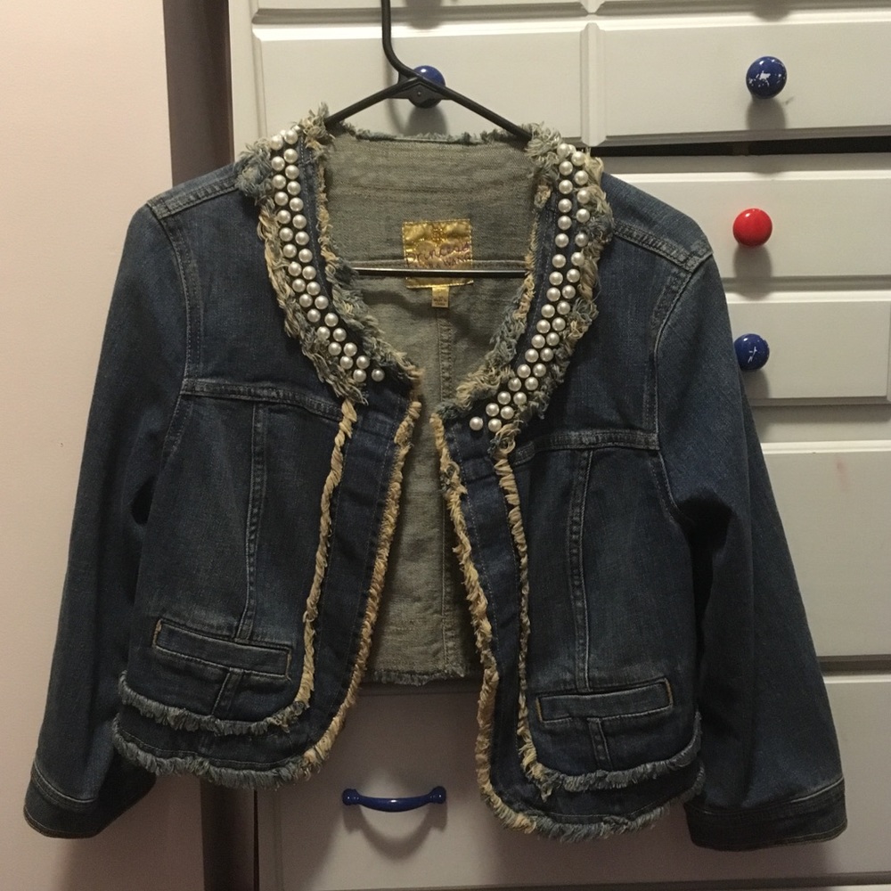 cropped jean jacket with pearls